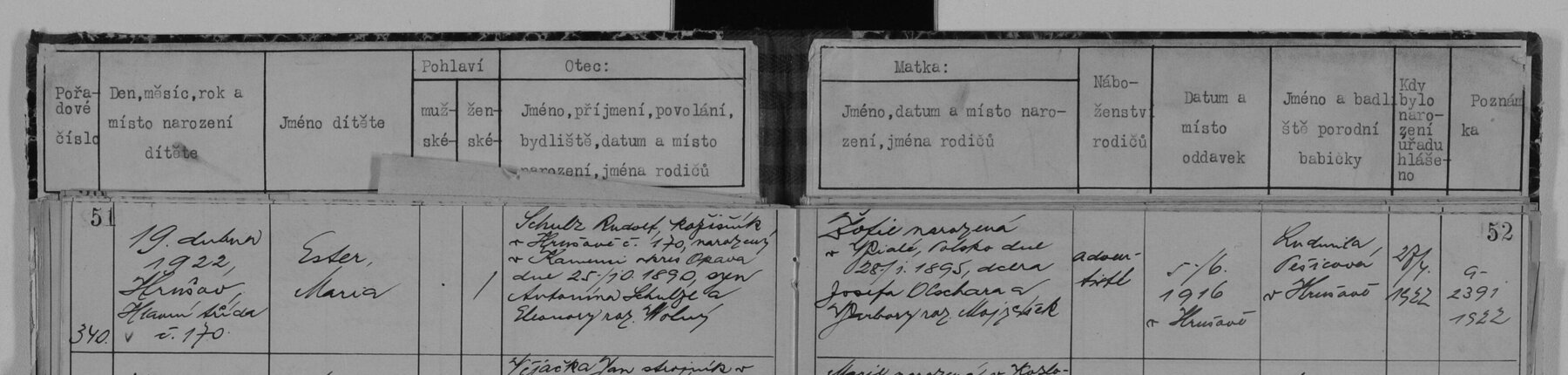 Výřez zápisu: Narození Ester Schulzové