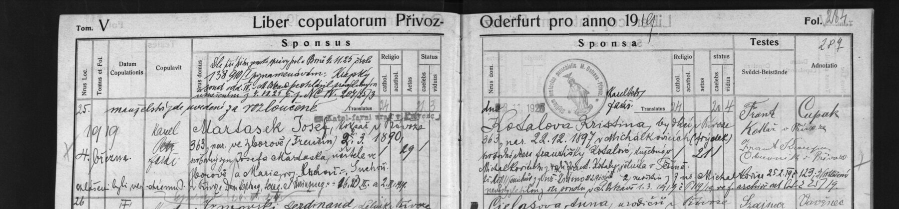 Výřez zápisu: Sňatek Josefa Martáska a Kristiny Kotalové