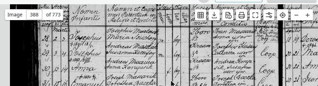 Výřez zápisu: Křest Josefa Martáska